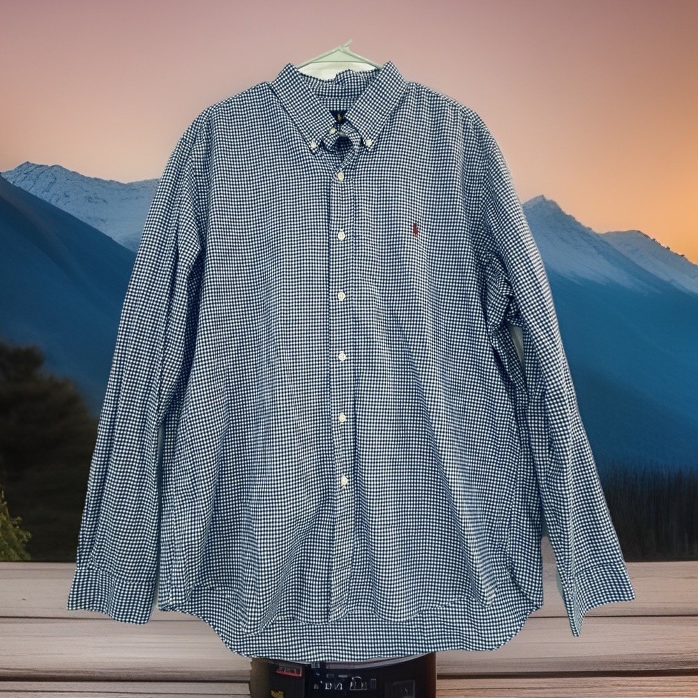 Ralph‎ Lauren Shirt Mens XL Blue Check Button Down Long Sleeve Cotton Pony Logo